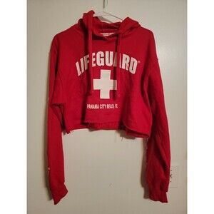 Red Lifeguard Hooded Hoodie Sweatshirt Crop Top Women’s Size Large